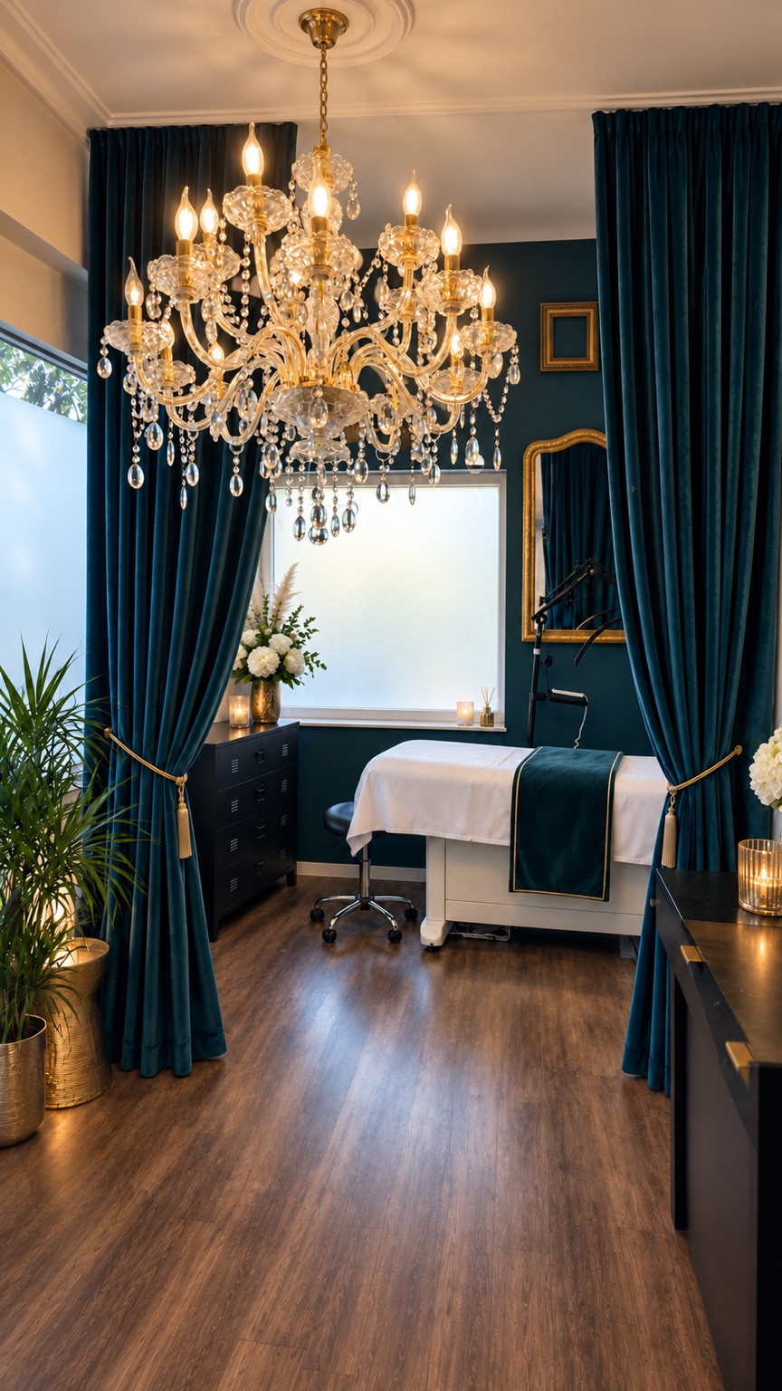 Cabine privée de Glow by C’Dermyl avec rideaux émeraude et lustre en cristal