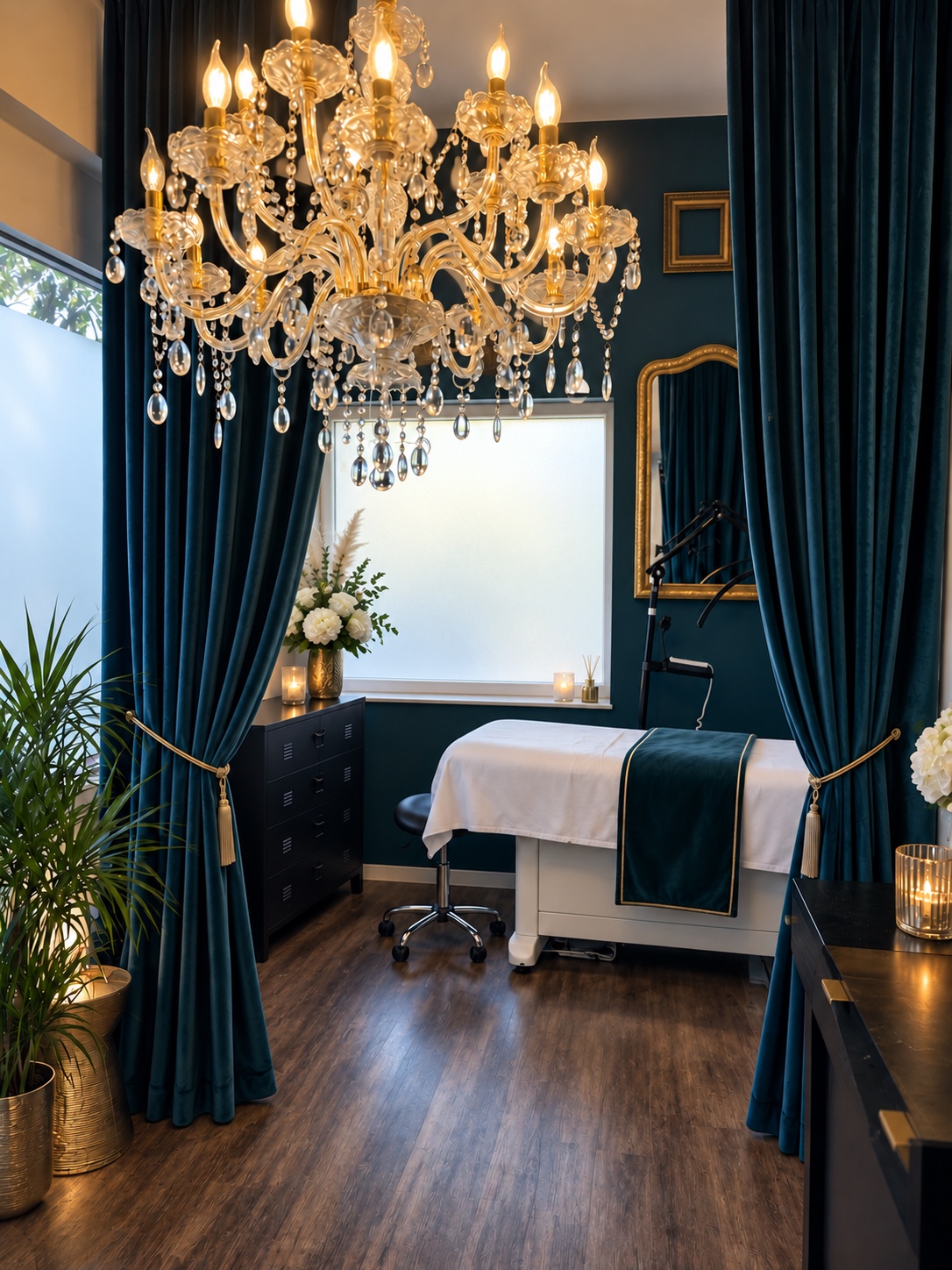 Cabine privée avec lustre en cristal, rideaux émeraude et lumière douce