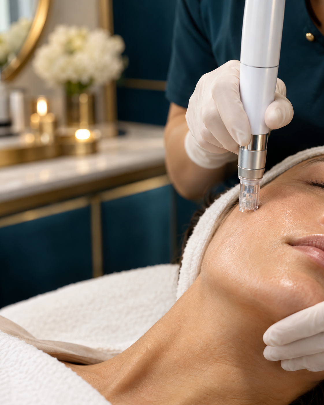 Détail du stylo de microneedling en contact avec la peau